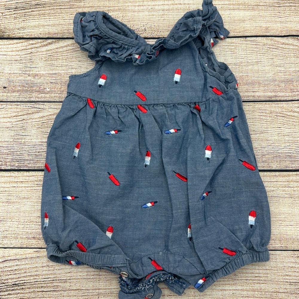 Cat & Jack Red White and Blue Popsicle Jean Romper Size 0-3 Months